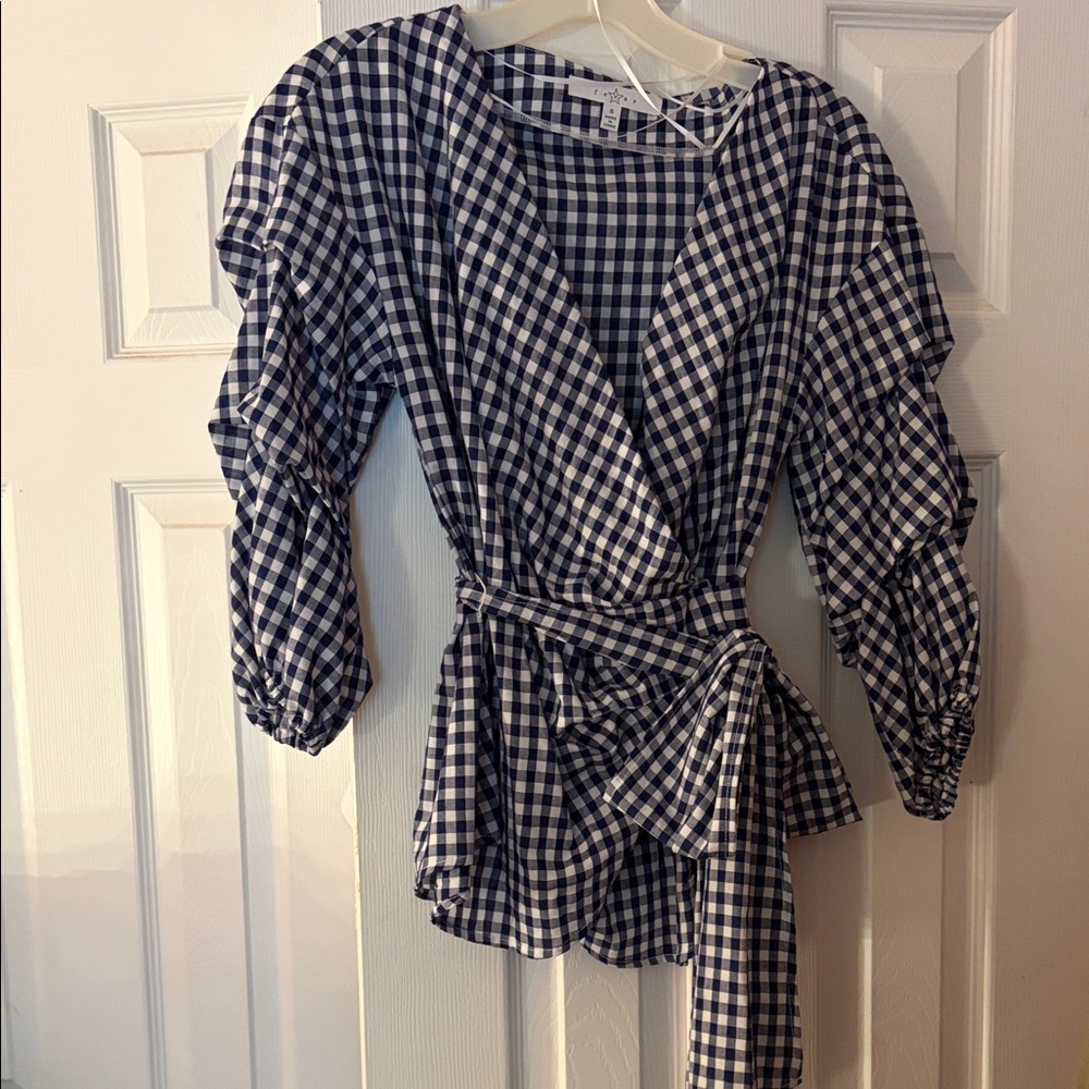 Fever Navy and White Gingham Wrap Blouse